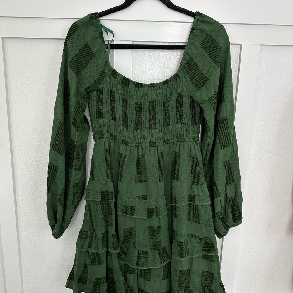 Deep Green Textured Long Sleeve Dress